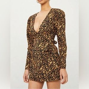 We Wore What Leopard Tortoise Print Wrap Mini Dress Tie Waist Plunge V-Neck L